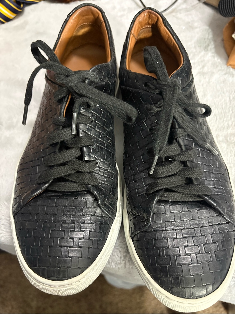 Aquatalia Black Woven Leather Low-Top Sneakers with White Sole